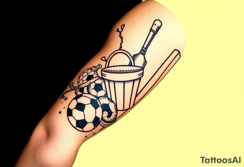 Childhood memories of a book, a bucket and spade, a football, a cricket bat, a teabag, a biscuit, a comic tattoo idea