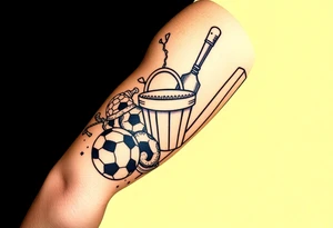 Childhood memories of a book, a bucket and spade, a football, a cricket bat, a teabag, a biscuit, a comic tattoo idea