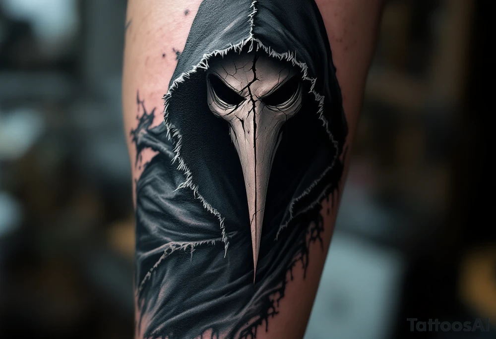 Plague Doctor with Broken Mask – A sinister plague doctor with tipical mask and a fractured porcelain-white mask, revealing hollow darkness beneath. The robes are dark gray with frayed edges, giving the figure an eerie, ghostly presence. tattoo idea