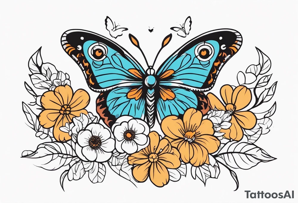 Flowers with butterflies and a owl tattoo idea