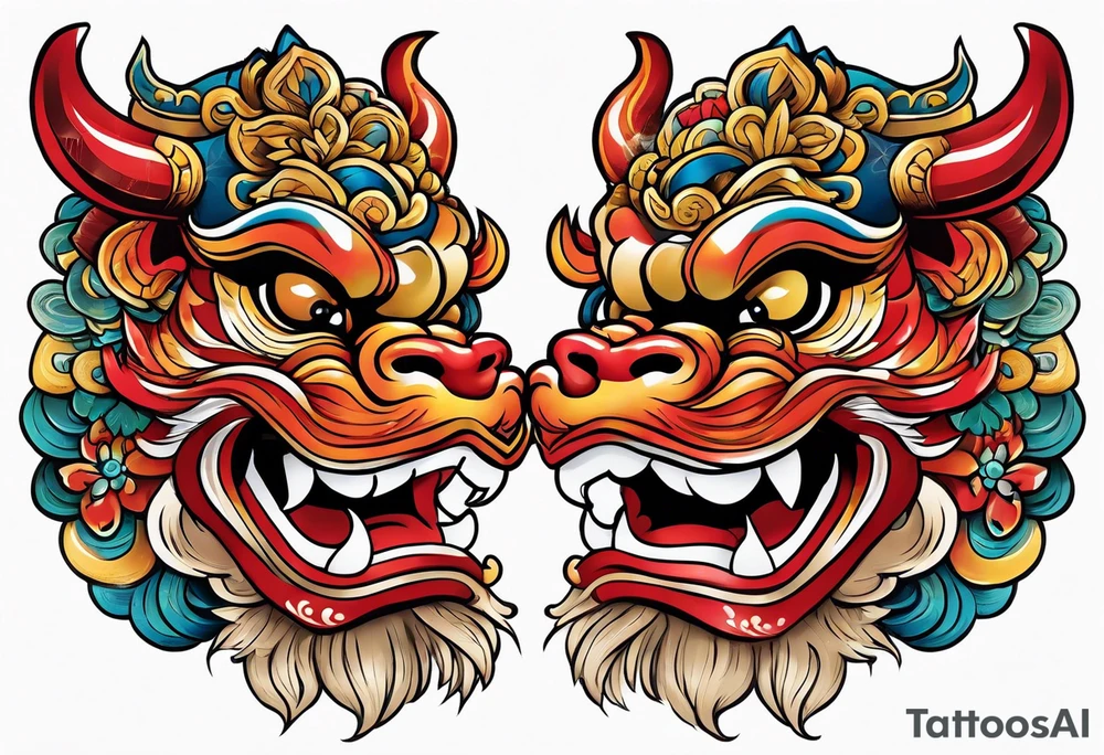 Pair of traditional Okinawa shisa, one has their mouth closed, the other with their mouth open tattoo idea
