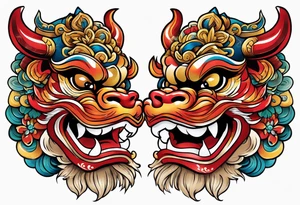 Pair of traditional Okinawa shisa, one has their mouth closed, the other with their mouth open tattoo idea