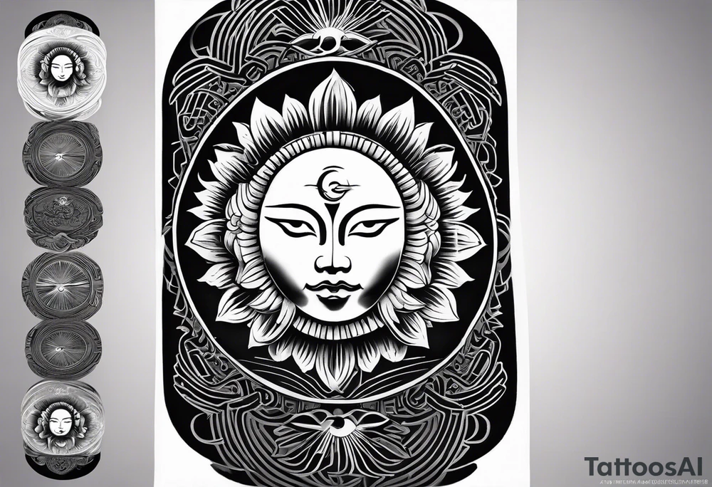 A tattoo inspired by traditional Japanese style, specifically designed for the knee. At the center, a sun with an expressive face, drawn in an oriental style with smooth yet defined lines, reflecting classic Japanese art elements. The sun’s rays are stylized and fluid, extending downward toward the shin and upward above the knee, maintaining visual balance. Incorporate details like flowing lines and edges that evoke natural and dynamic patterns typical of Japanese aesthetics. The design should be symmetrical, with an organic flow that fits the curvature of the knee. Preferably in black and gray, with detailed shading to enhance depth and texture. tattoo idea