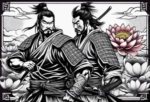 Samurai warrior and spartan warrior facing off, include lotus flowers in the background, both warriors should appear aggressive looking ready for battle, forearm sleeve tattoo idea
