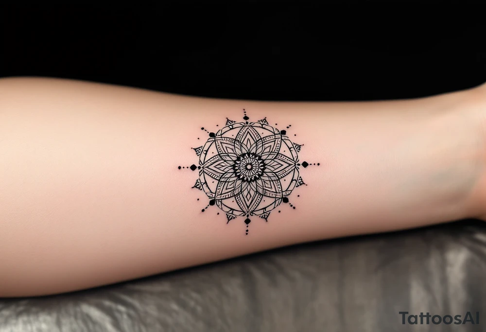 simple, minimalist tattoo, sacred geometry mandala, centerpiece design, dotwork patterns, radiating geometry, symmetrical mandala, geometric shapes, intricate dotwork, sacred patterns, mandala center, geometric radiating, fine line work, black grey shading, minimalist design, no outlines, arm placement, delicate linework, precise geometry, clean symmetry, sacred symbols, geometric precision, dotwork details, mandala focal point, refined patterns, understated complexity, geometric harmony, minimalist tattoo idea