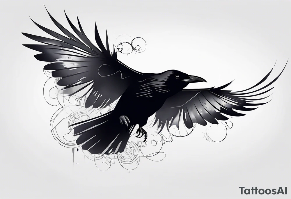 Raven in flight, upsidedown, knowing, light behind its eyes, ethereal tattoo idea