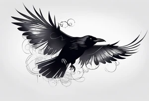 Raven in flight, upsidedown, knowing, light behind its eyes, ethereal tattoo idea