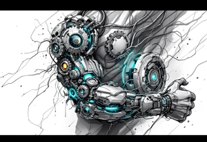 A cybernetic gears and wires, in brushed metal, steel blue, and glowing neon accents, appearing as if the skin is peeling away. tattoo idea