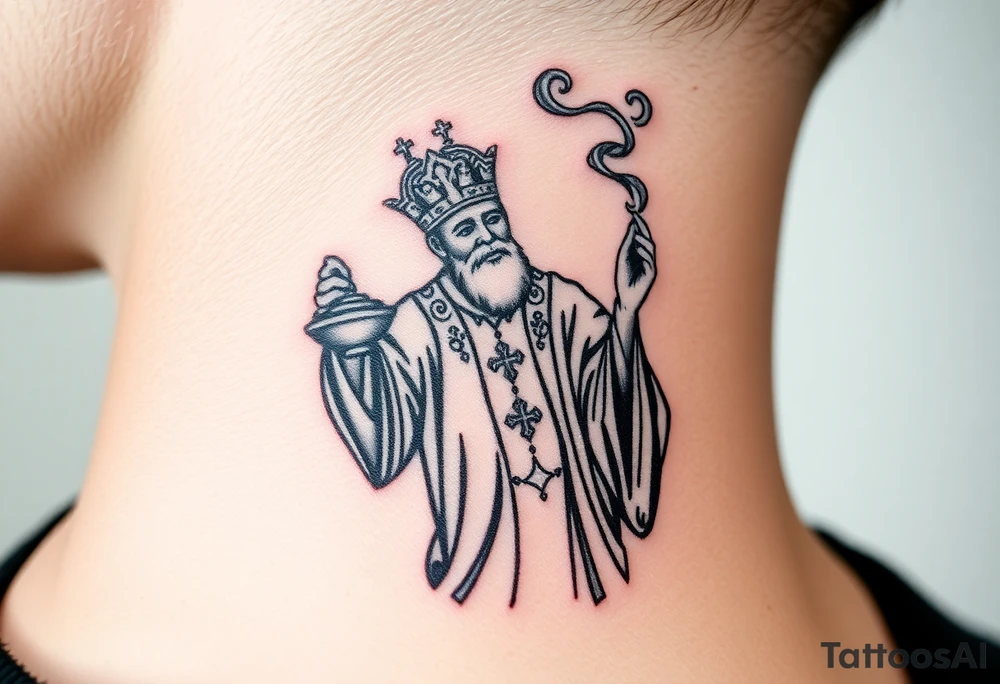 Russian Orthodox Priest in fully detailed vestment swinging a censer with smoke curling upward tattoo idea