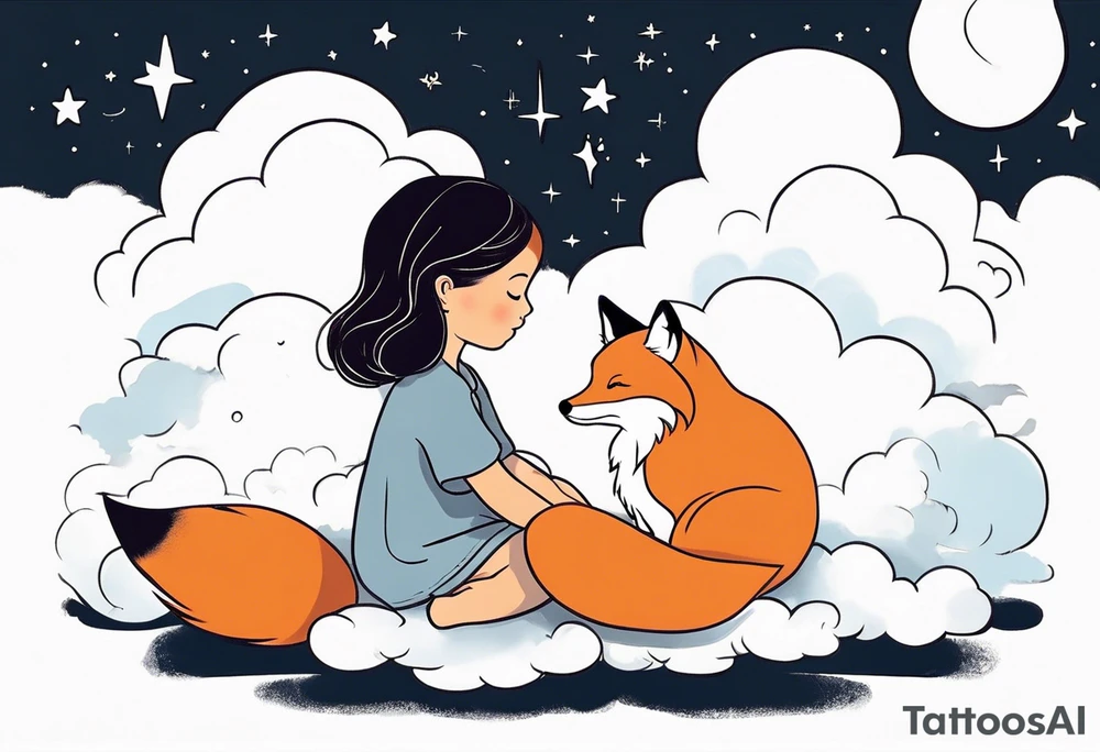 little girl with a fox sit side by side on a cloud and look at the stars tattoo idea