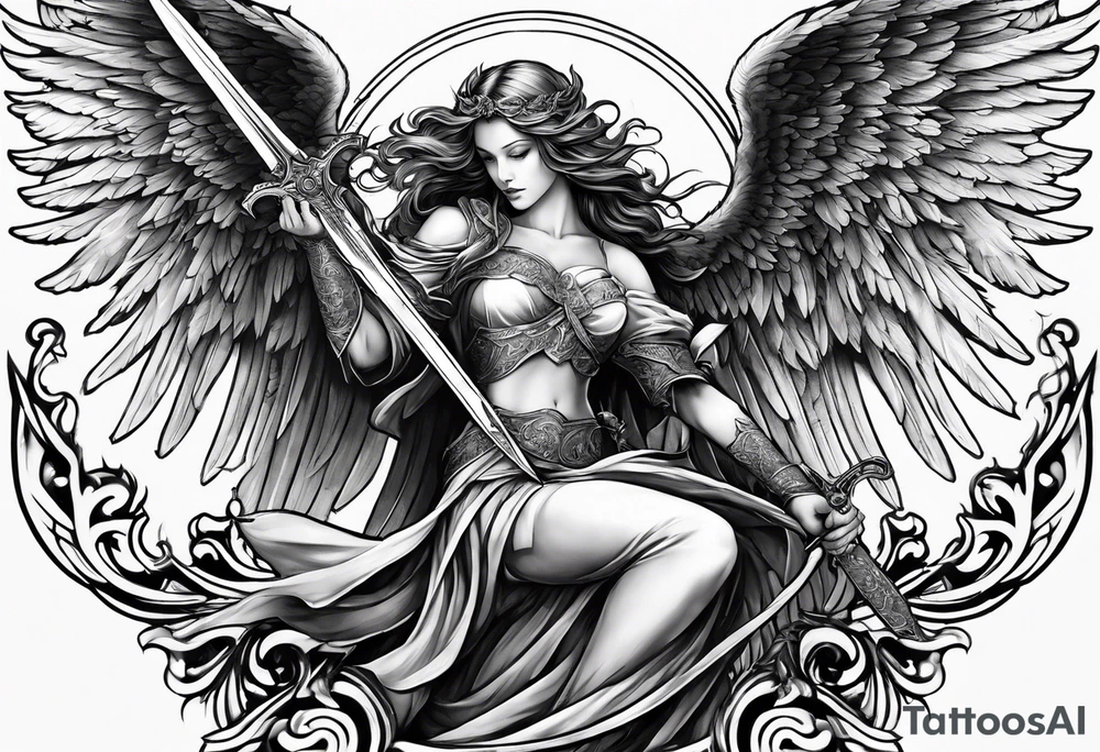 Angel with long sword atop a demon slain in fine line style tattoo idea