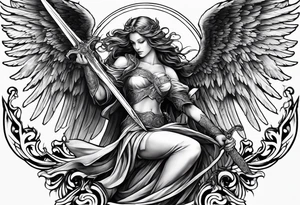 Angel with long sword atop a demon slain in fine line style tattoo idea