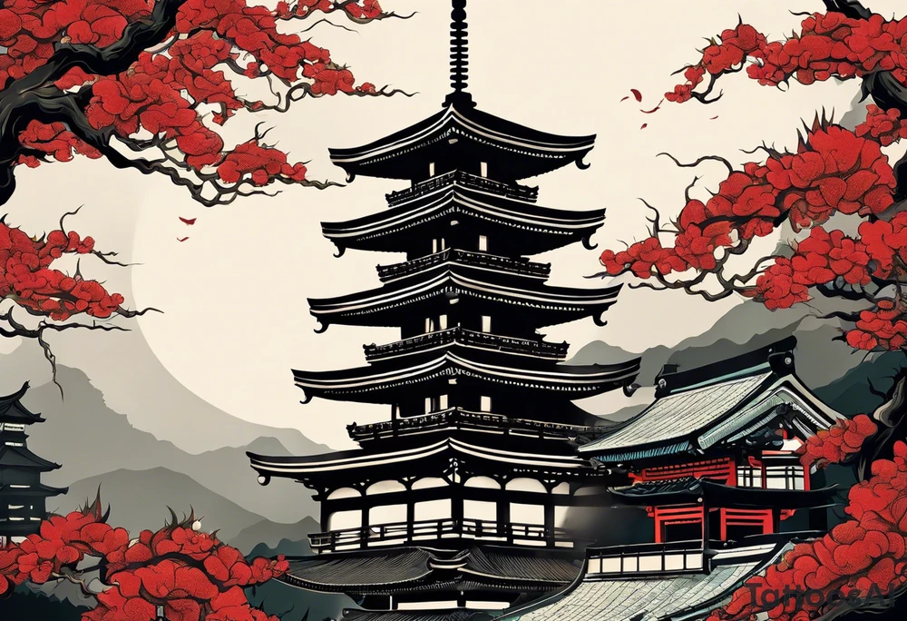 Design a striking tattoo featuring a traditional Japanese pagoda guarded by a fierce Japanese dragon. The dragon should be coiled around the pagoda, symbolizing protection, with its scales intricately detailed and claws gripping the structure. The pagoda is multi-tiered, ornate, and reflects traditional Japanese architecture, with curved roofs and wooden beams. The dragon’s body wraps around each level of the pagoda, with its head rising above, exuding power and vigilance. Surround the scene with subtle elements like swirling clouds, adding depth and a mystical atmosphere. The overall style should blend realism with traditional Japanese tattoo art, incorporating bold lines and rich shading. tattoo idea