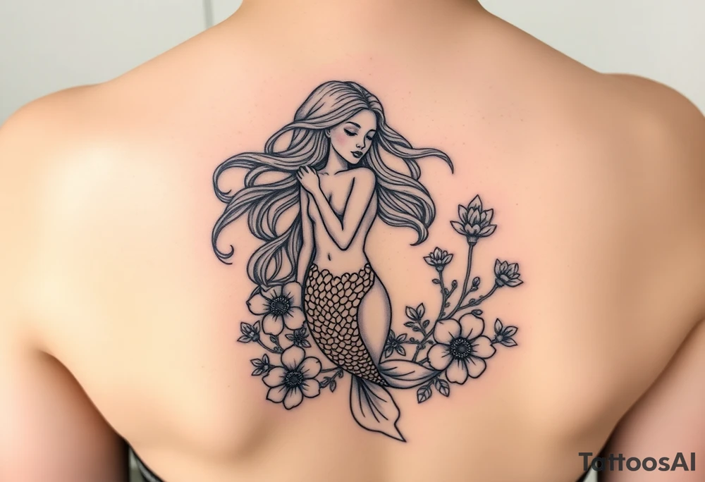 ethereal mermaid with flowing hair among coral and sea flowers tattoo idea