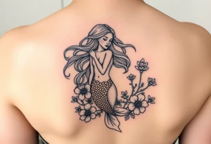ethereal mermaid with flowing hair among coral and sea flowers tattoo idea