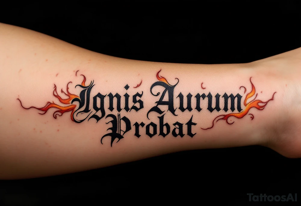 "Ignis Aurum Probat" (Fire tests gold), in etched medieval-style font, rising from flames curling around a golden ingot, done in charcoal black, dark red, and muted gold ink for a powerful, alchemical look. tattoo idea