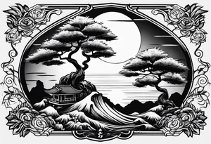 Sunset and little down bonsai trees tattoo idea