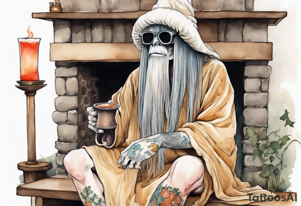 cousin it wearing a mushroom hat and medieval tunic sitting on a bench by a fireplace drinking from a wood cup, tattoo idea