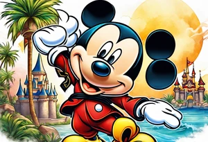 mickey mouse holding lightning with palm trees doing martial arts at the disney castle tattoo idea