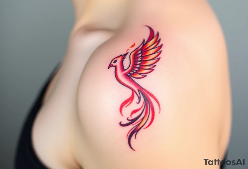 Square, phoenix rising from fire with both wings opened, colors red, pink, orange and purple. tattoo idea