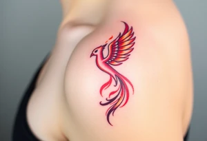 Square, phoenix rising from fire with both wings opened, colors red, pink, orange and purple. tattoo idea