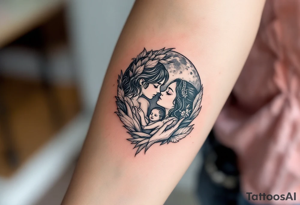 Family drawn in white ink over a soft gray moon, symbolizing everlasting connection. tattoo idea