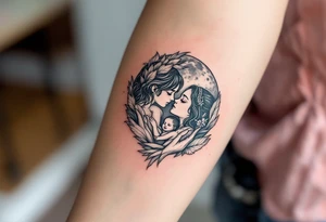 Family drawn in white ink over a soft gray moon, symbolizing everlasting connection. tattoo idea