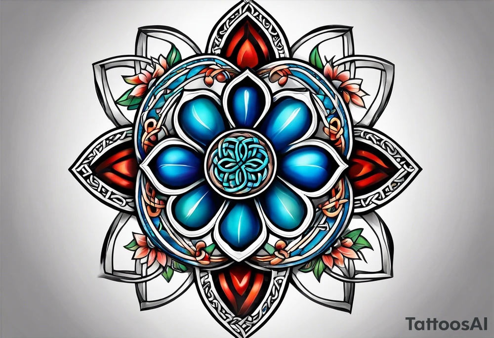 celtic knot blue breen witb one heart on one clover tattoo idea