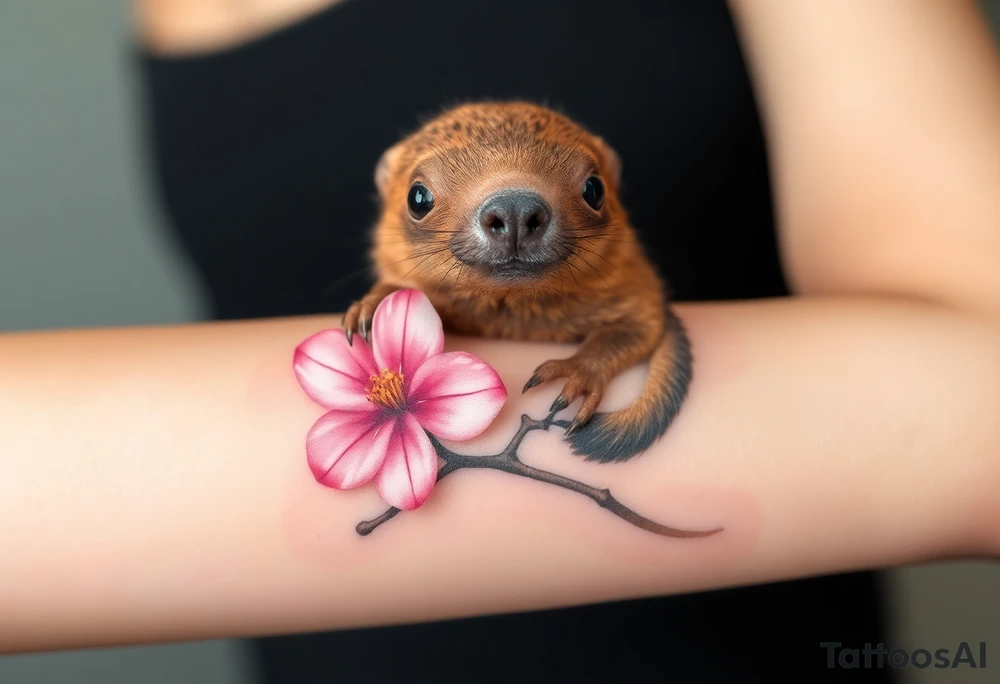 mole holding a delicate pink cherry blossom, with gentle pastel tones and a dreamy aesthetic tattoo idea