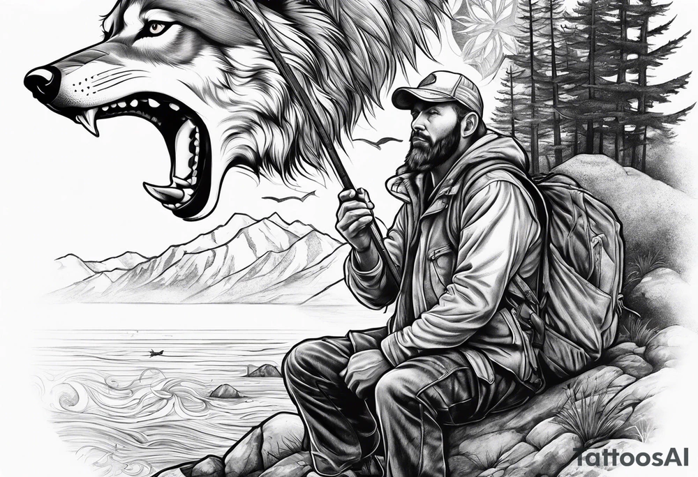 a fisherman with a wolf on a bank tattoo idea