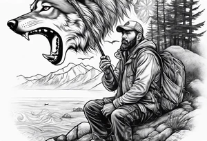 a fisherman with a wolf on a bank tattoo idea