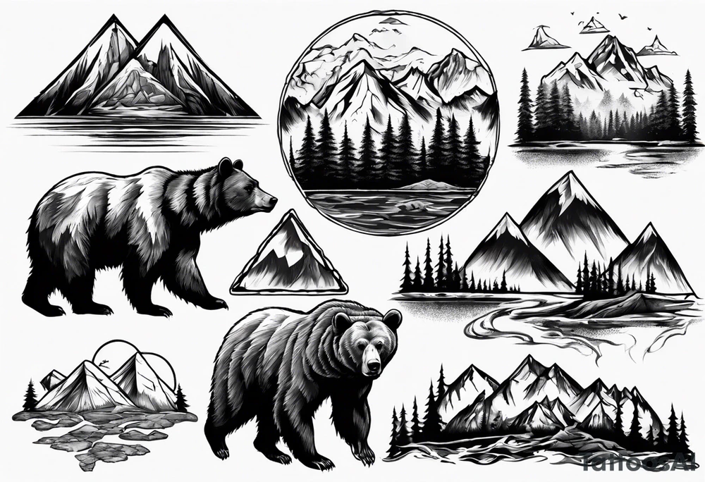 Bear with mountains, forest, rivers etc inside of it tattoo idea Bear with mountains, forest, rivers etc inside of it tattoo idea
