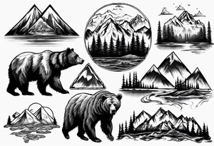 Bear with mountains, forest, rivers etc inside of it tattoo idea