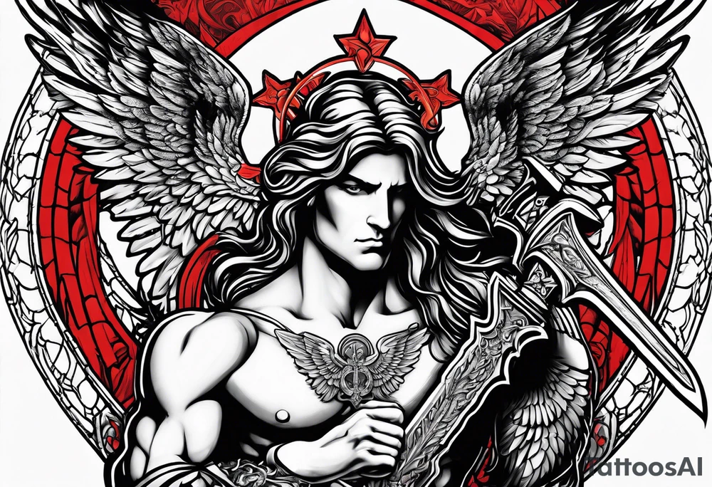 Male American guardian angel with a sword and possessed angel from hell combined together tattoo idea