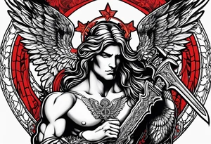 Male American guardian angel with a sword and possessed angel from hell combined together tattoo idea