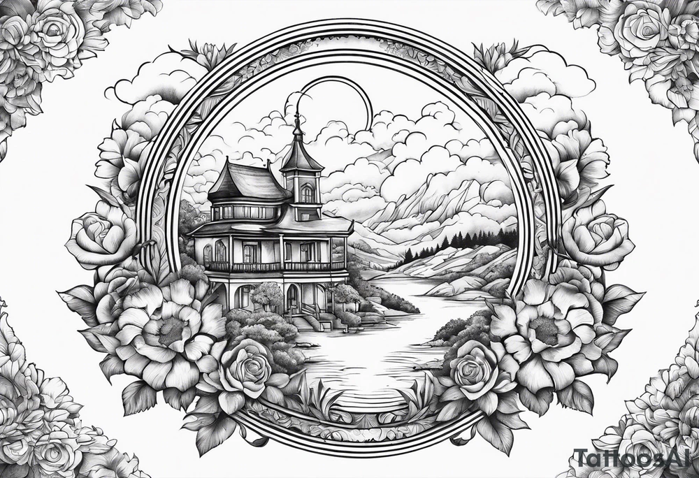 heaven town in circle vignette surrounded by clouds flowers tattoo idea heaven town in circle vignette surrounded by clouds flowers tattoo idea