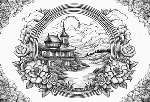 heaven town in circle vignette surrounded by clouds flowers tattoo idea