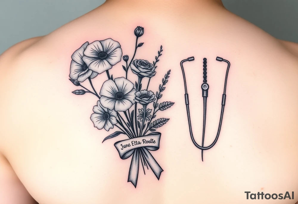 Half arm sleeve tattoo of 3 hollyhock flowers, one wild rose, 5 wild flowers in a bouquet with ribbon bow towards the bottom like the just got picked. On the ribbon include three names: June Etta, Roxy, Rosalie. Next the bouquet put a full realistic stethoscope tattoo idea