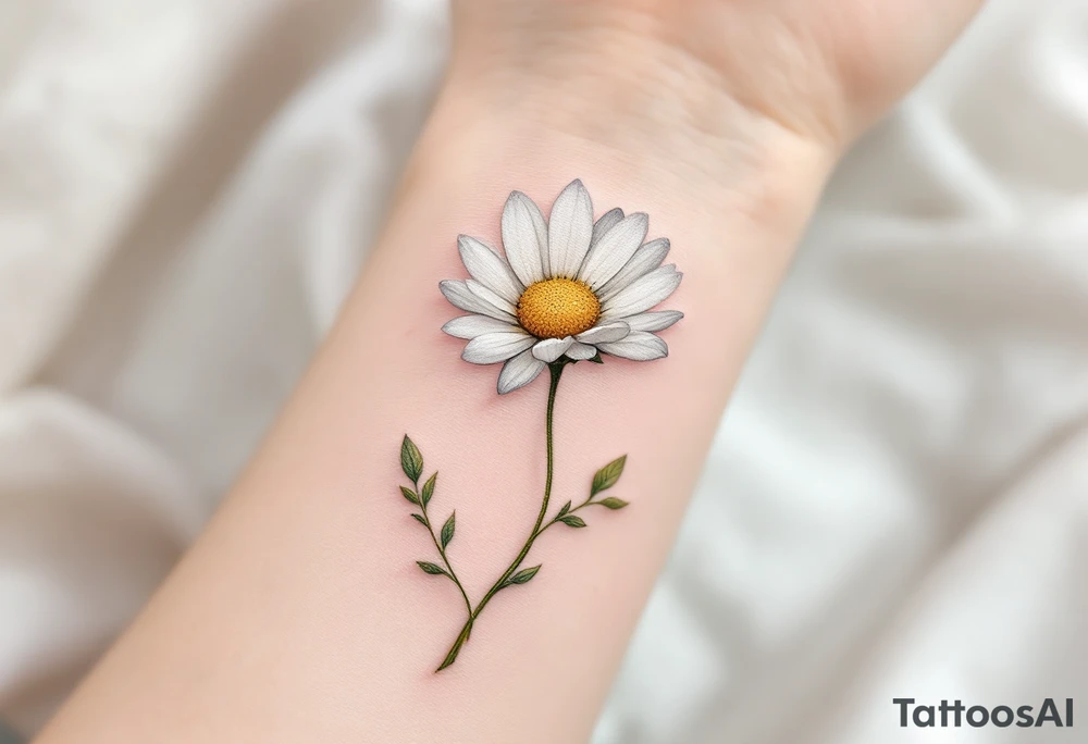 A delicate ox-eye daisy tattoo with pure white petals softly shaded in pale gray, a vibrant golden-yellow center textured with tiny dots, and slender green stems and leaves winding gracefully in a natural, hand-drawn style. tattoo idea