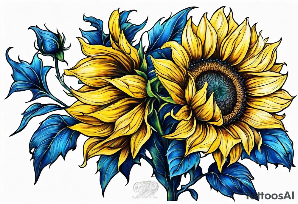 a yellow sunflower bloom with blue highlights tattoo idea