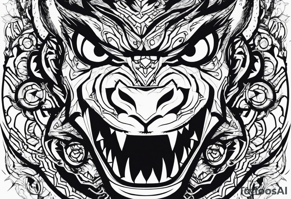 A tattoo designed for the knee, featuring the face of Kon (chainsaw man series) with wild, exaggerated features, such as sharp fangs, intense eyes, and a snarling expression. The design incorporates large areas of white space for contrast, with beams of light or energy radiating outward from the beast’s eyes in a chaotic and powerful pattern. The overall look should be bold and primal, with flowing lines that adapt naturally to the curvature of the knee. tattoo idea