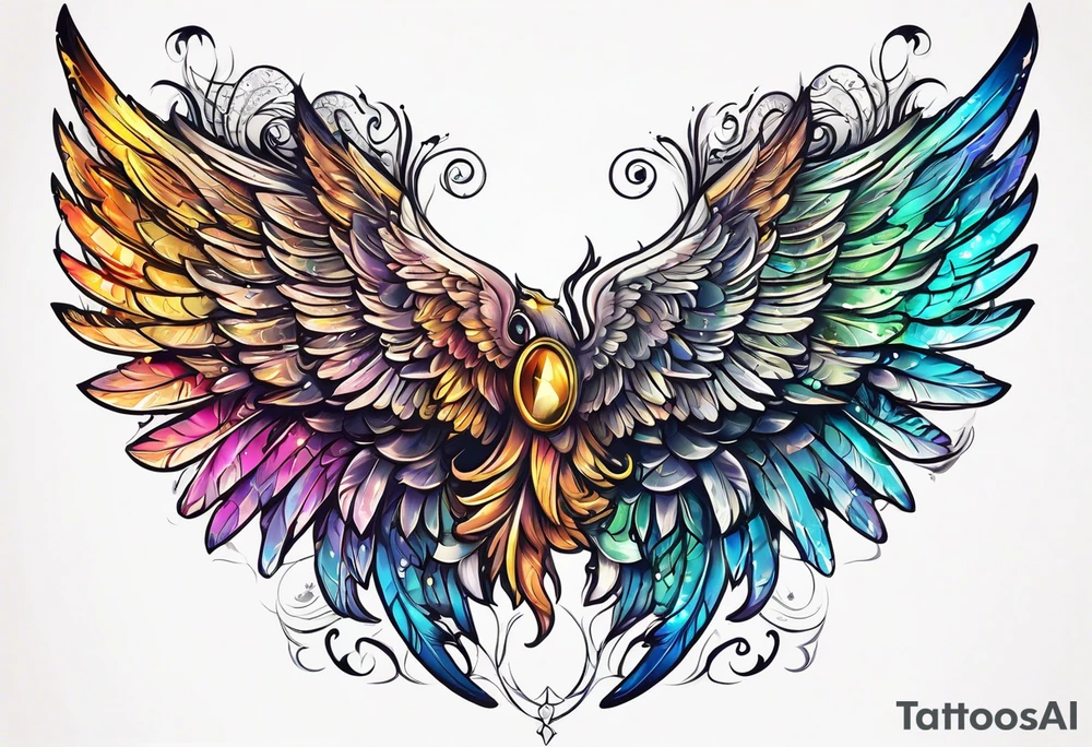 beautiful intricate colorful new school angel wings, tattoo idea