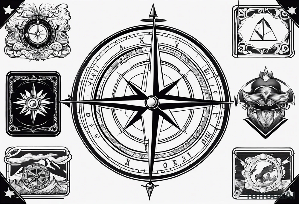 compass, playing cards, dice, horse, eagle, and wild west sleeve tattoo idea