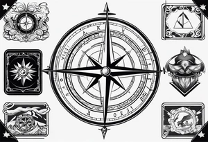 compass, playing cards, dice, horse, eagle, and wild west sleeve tattoo idea