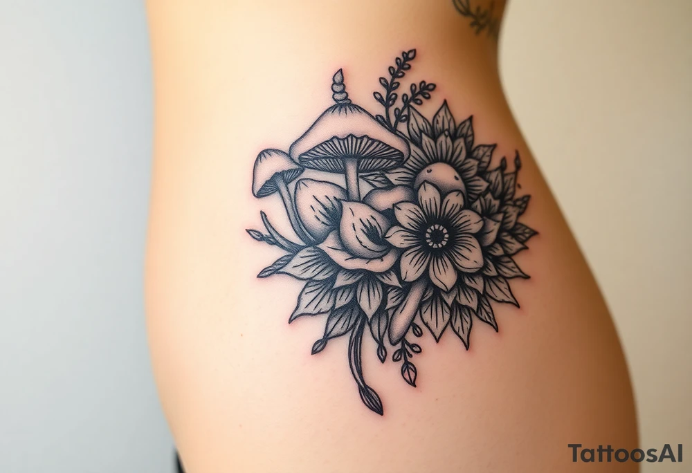 Could you possible make me a nature tattoo with mushrooms crystals  flowers mandala boho but vibrant colorful and psychedelic colorful too that would wrap from front of hip around side to mid back to cover an existing one tattoo idea