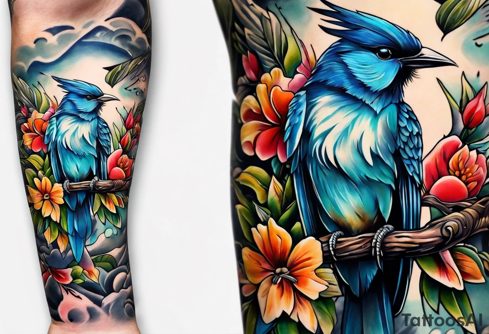 australian sleeve with birds and barbs tattoo idea