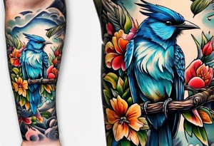 australian sleeve with birds and barbs tattoo idea