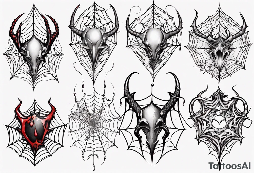 Jewel shaped tangled spiderweb with dragon horns and blood drops tattoo idea