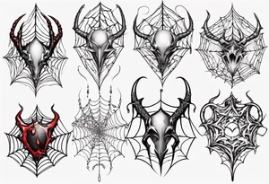 Jewel shaped tangled spiderweb with dragon horns and blood drops tattoo idea