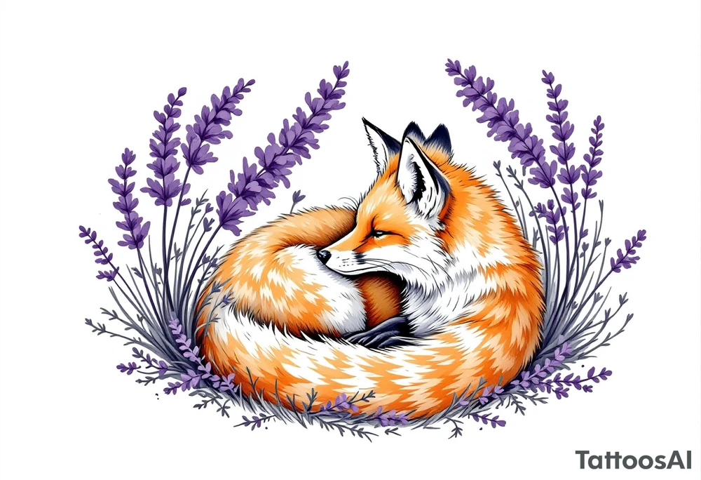 A fox curled up beneath a lavender bush, with warm orange tones contrasting the cool purple hues. tattoo idea